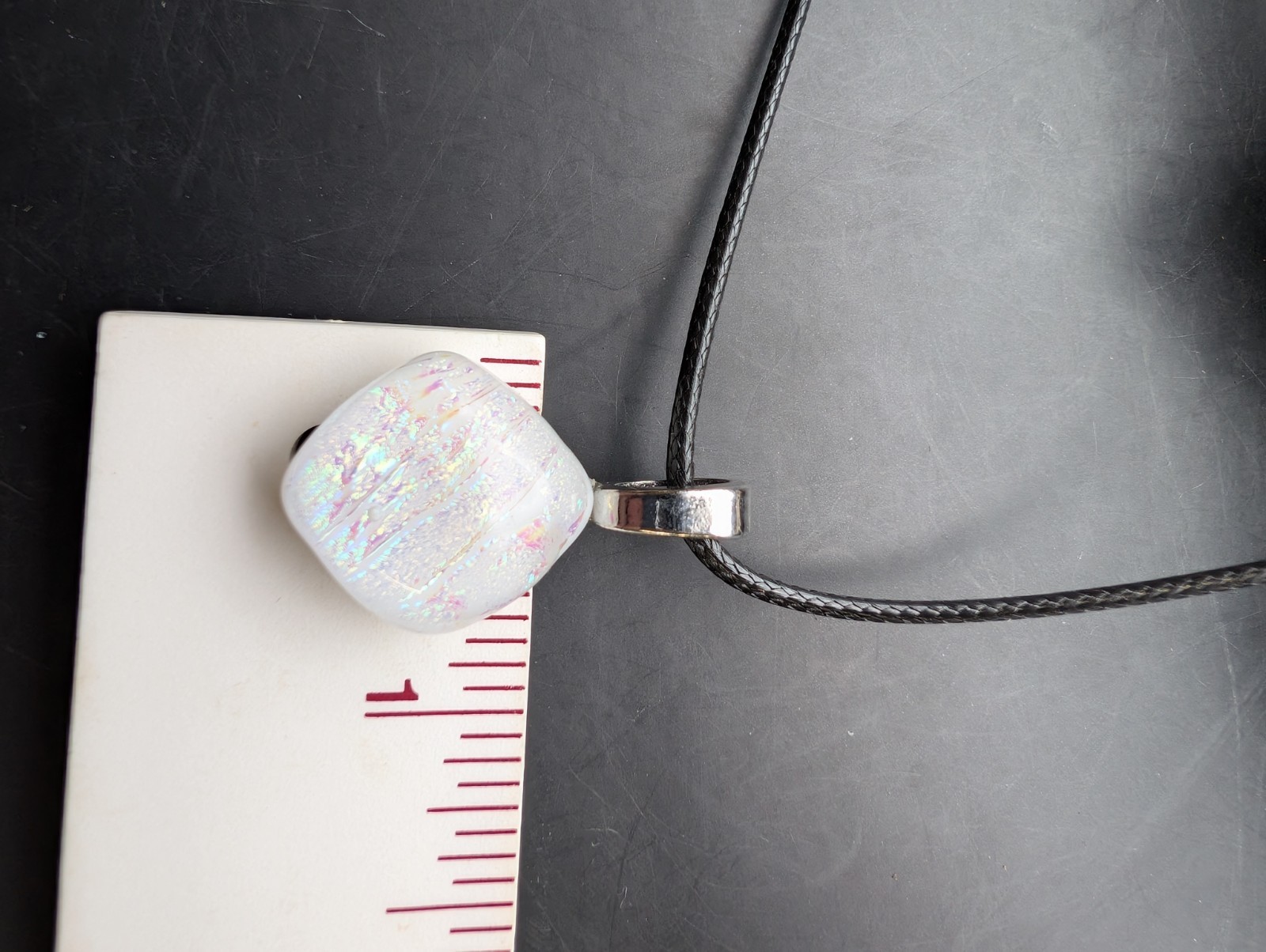 White Multicolor Necklace Fused Glass Dichroic Silver bail #1322