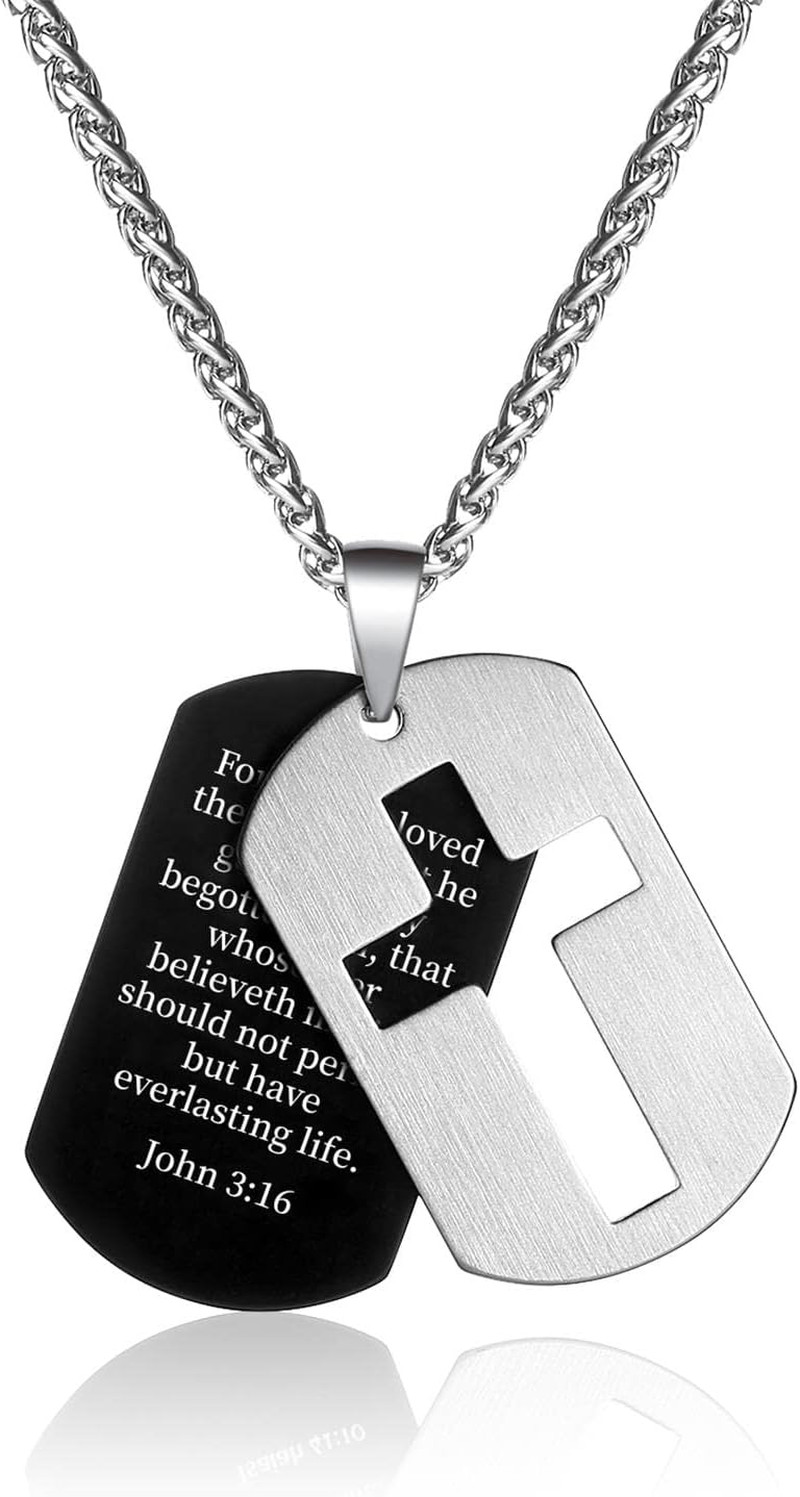 Dog Tag Cross Necklace Gifts for Boys Men, Stainless Steel Bible Verse Pendant C