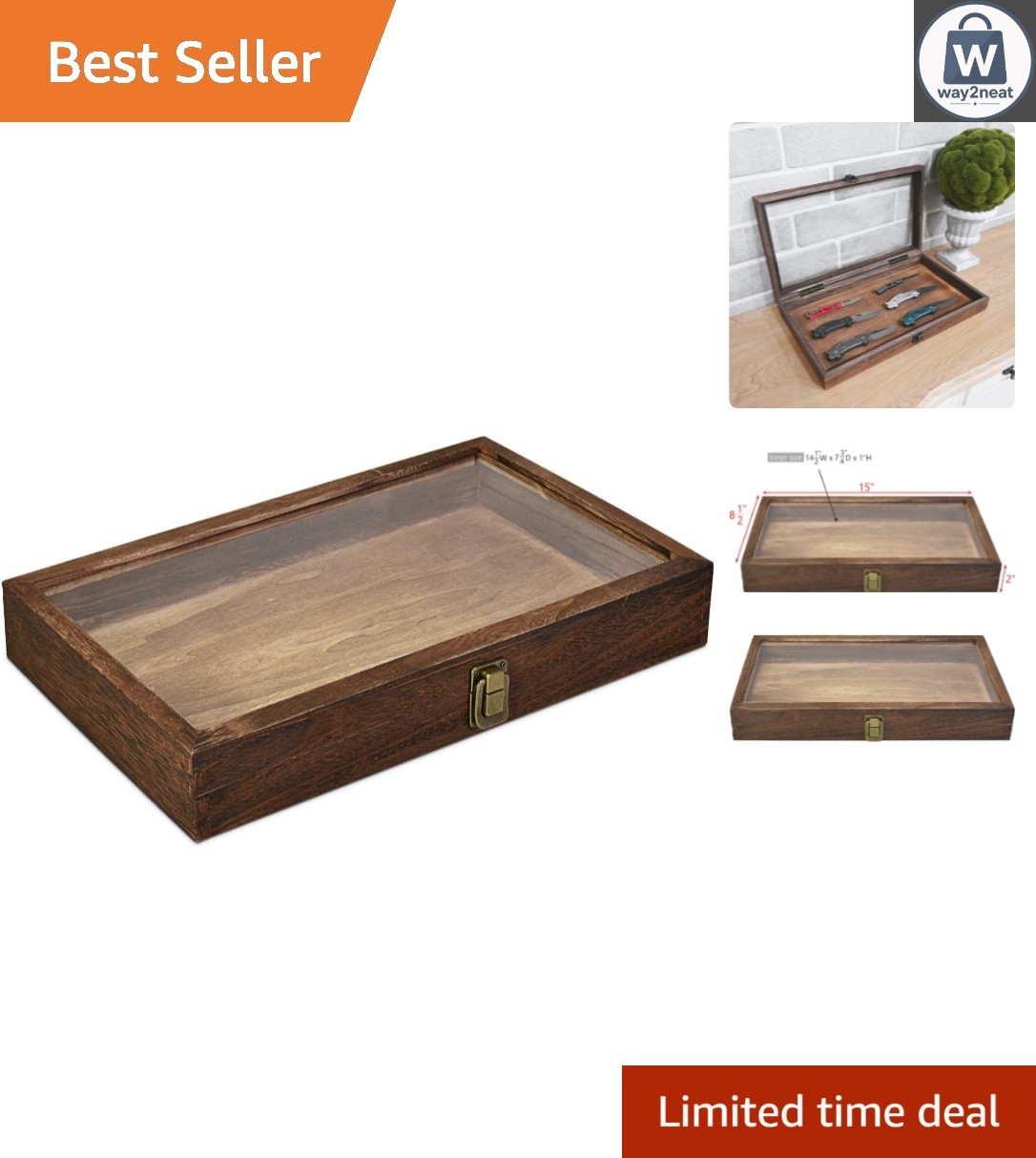Elegant Wooden Jewelry Display Case with Tempered Glass Top, Brown – 15″ x 8.5″