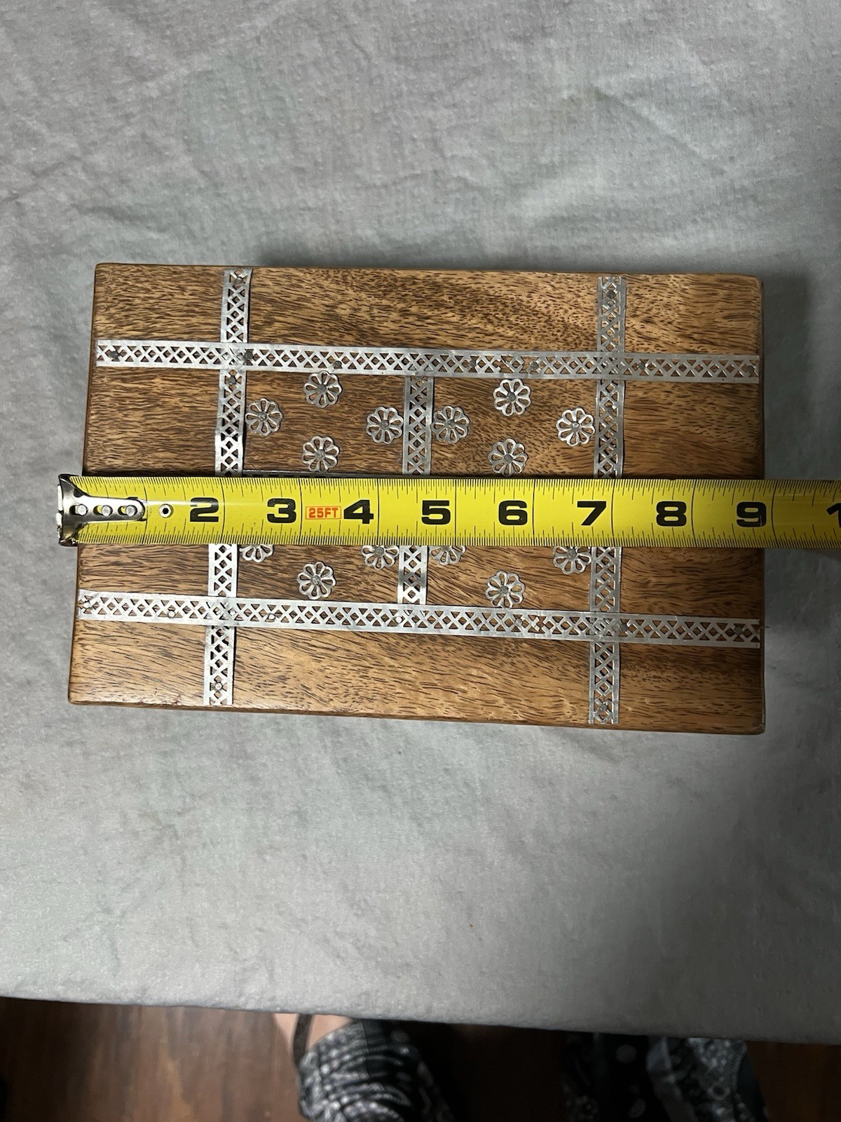 Wooden Floral Inlay Jewelry Box Hinged Lid Brown/Silver Tone 9x6x4 in