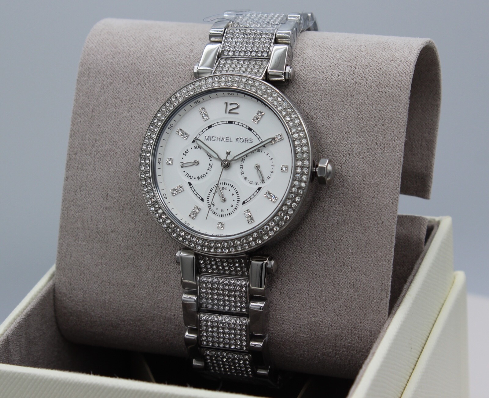 NEW AUTHENTIC MICHAEL KORS PARKER SILVER CHRONOGRAPH CRYSTALS WOMEN MK6759 WATCH