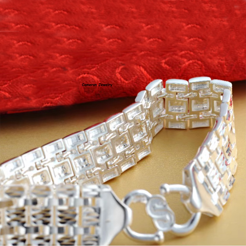 Pure S990 Silver Bangle Men 15mm Full Star Square Watch Bracelet 7.1-8.7inch L
