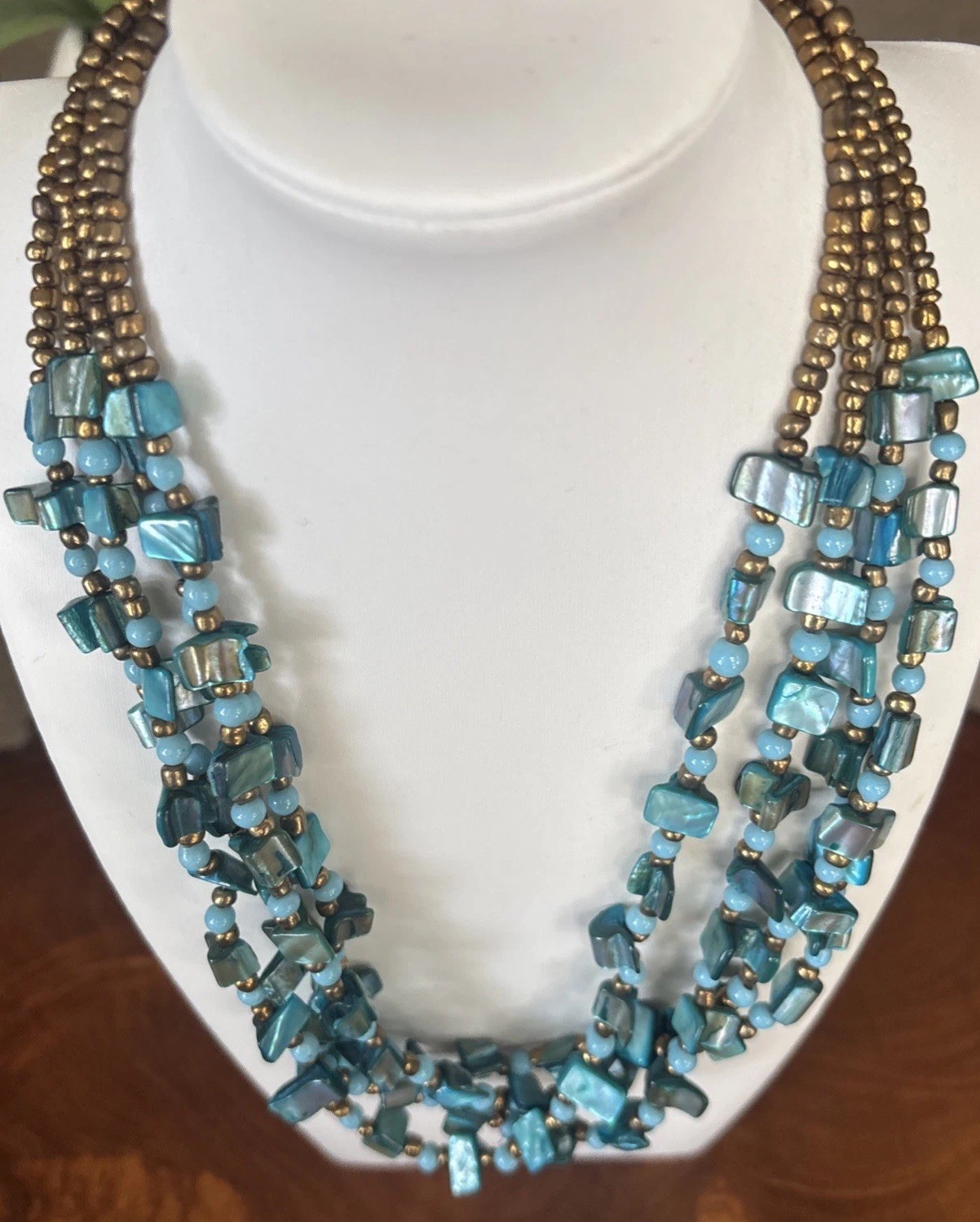 Multi Strand Turquoise Beaded Shell Statement Necklace Southwest Boho Style 19”