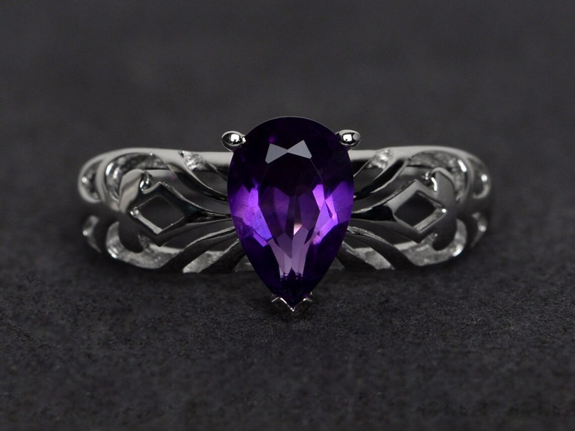 2CT Pear Amethyst Gemstone 925 Silver Plated Dainty Ring Duty Free