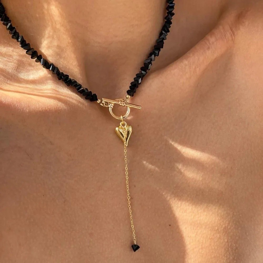Women’s Heart Pendant Choker Necklace Beaded Imitation Pearl Tassel