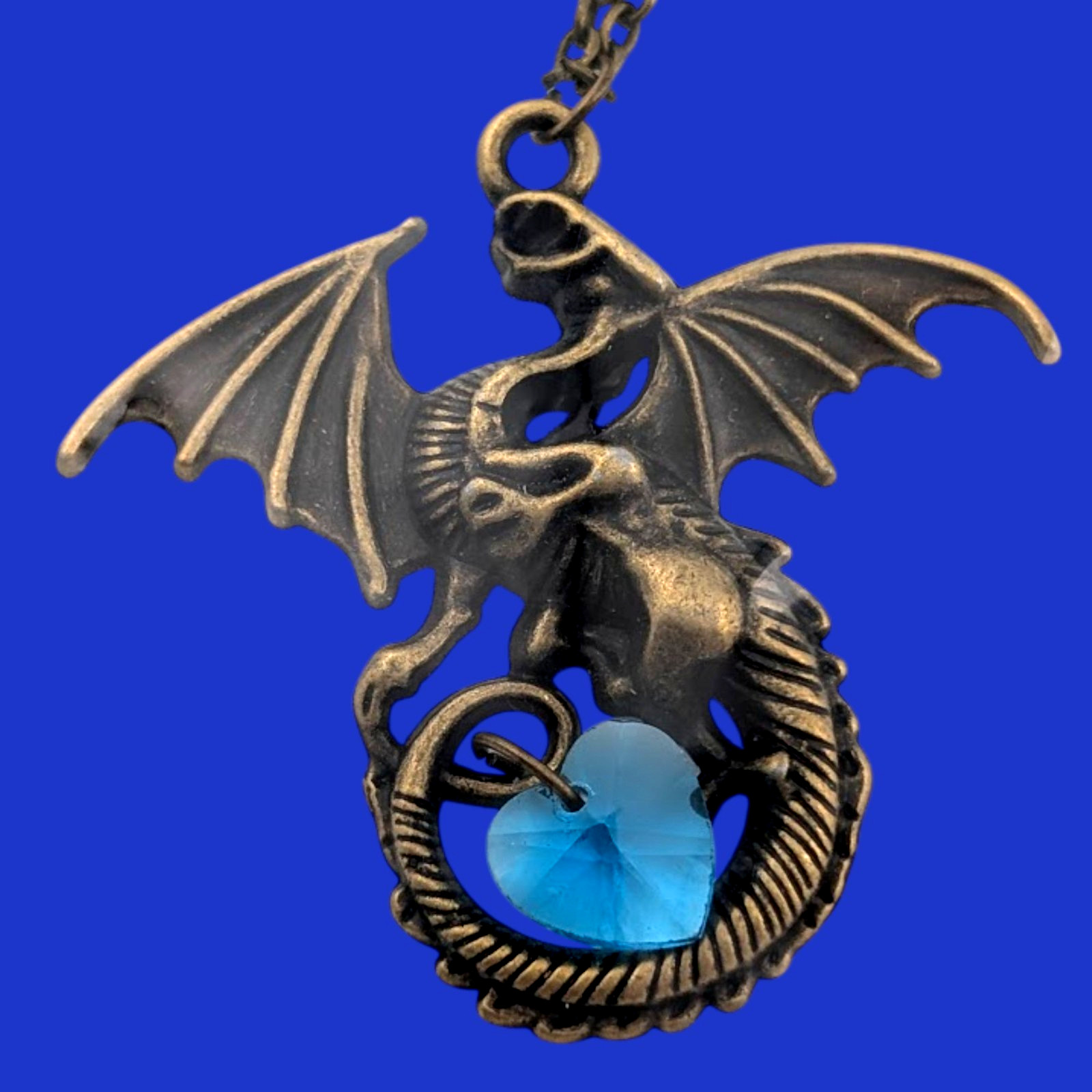 DRAGON & GLASS HEART BRONZE PENDANT NECKLACE gothic fantasy wyvern love charm E2