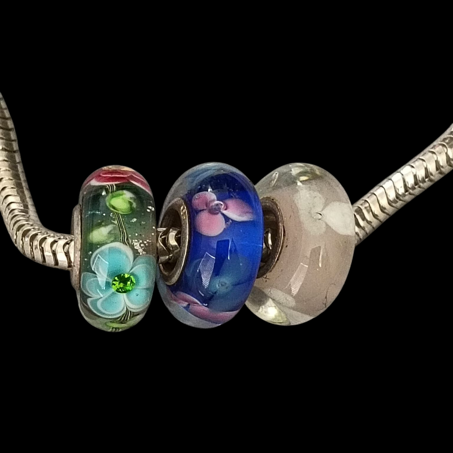 925 Sterling Silver Charm Bracelet 6.25″ Snake Chain & 3 Floral Glass Beads