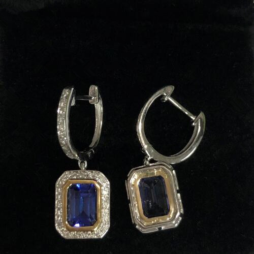 Natural Blue Tanzanite Diamond Leveback Dangle Earrings Solid 14K Gold Jewelry
