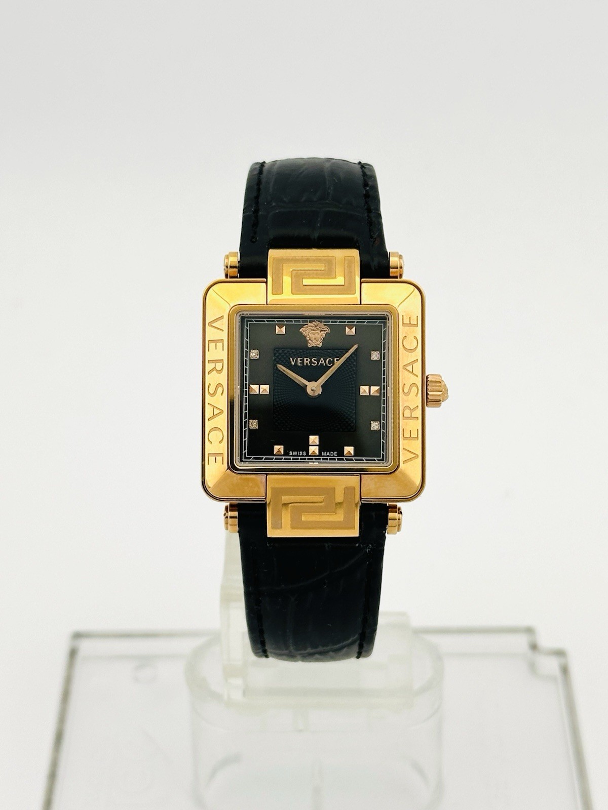 Versace Women’s 88Q80SD008S009 Rêve Carré Diamonds Black Leather Strap Watch 88Q
