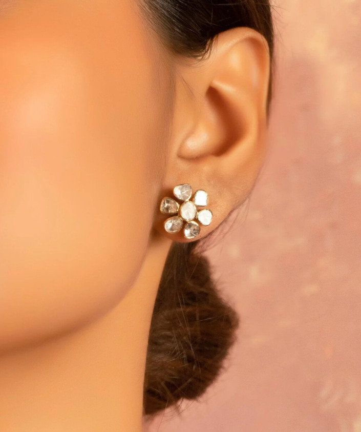 Rose Cut Polki Stud Earrings Gold Filling Diamond Studs 925 Silver Earrings Gift