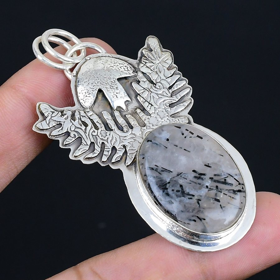 Elegant Black Rutile Gemstone 925 Sterling Silver Jewelry Pendant 2.53″