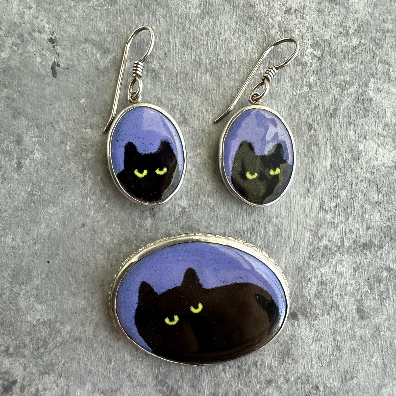 VTG Victor Lee Enamel Sterling Silver Black Cat Pendant/Pin & Earrings 3-pc Set
