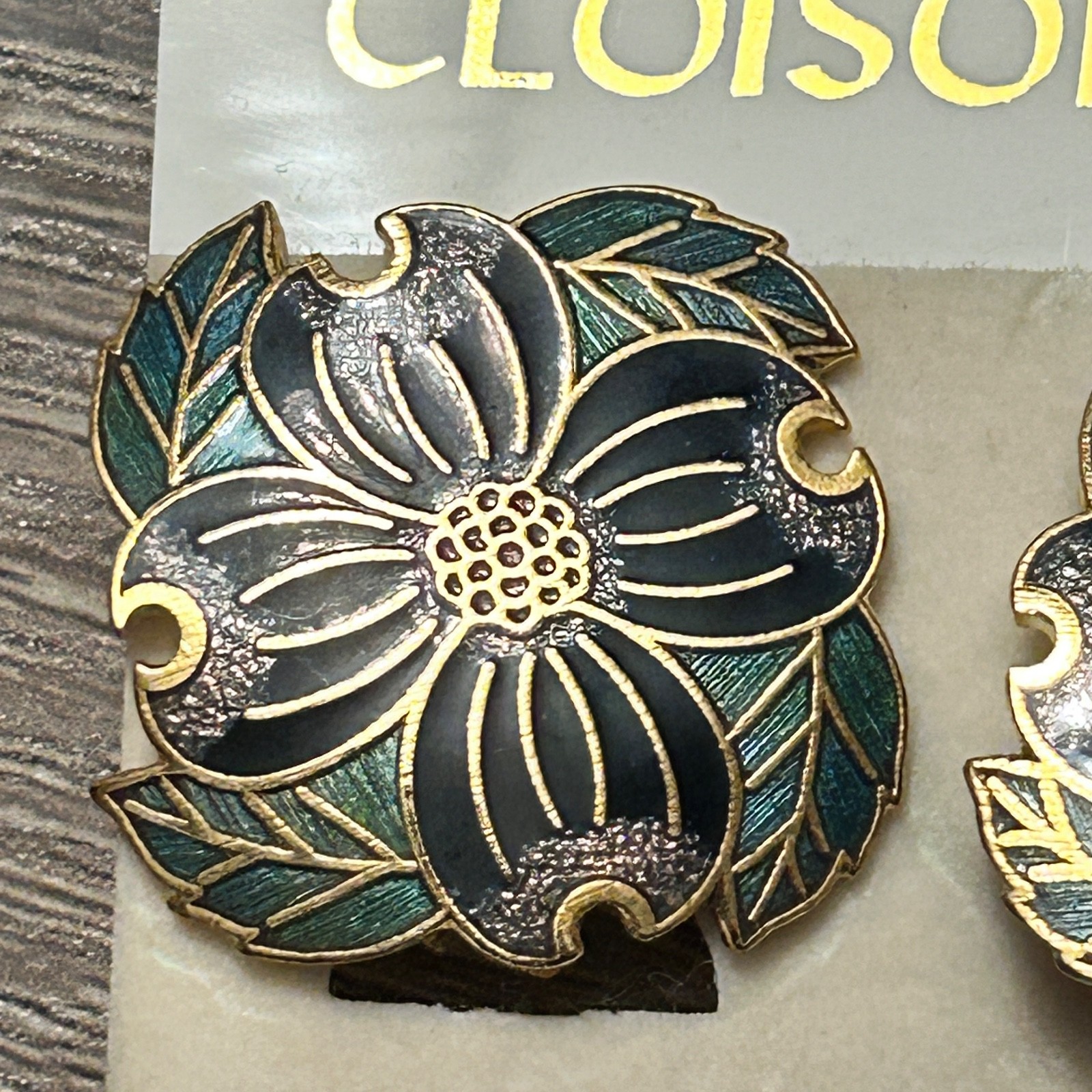 Vint Cloisonne Dogwood Clip-on-Earrings, New Old Stock , Blue, Green & Gold