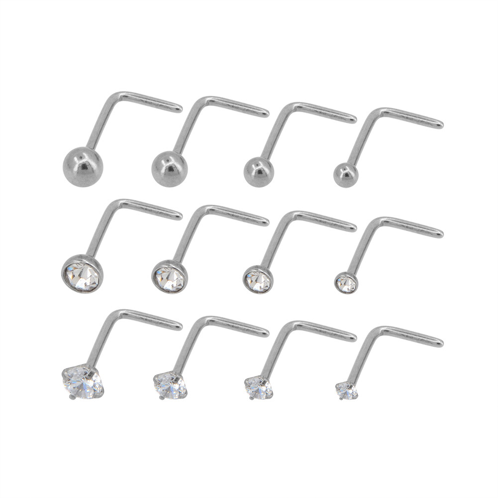 12 – 20 Gauge Steel Nose Rings Barbell CZ Stone 1.5mm 2mm 2.5mm 3mm Studs