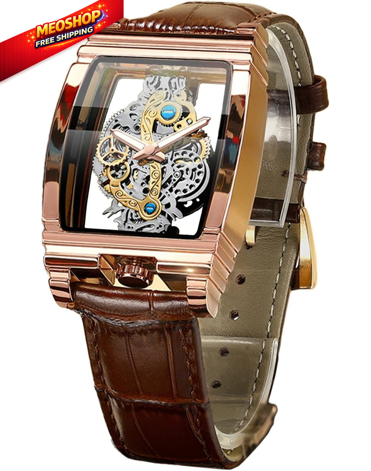Men’s Luxury Hollow Skeleton Watch Retro Gorgeous Gear brown rose gold
