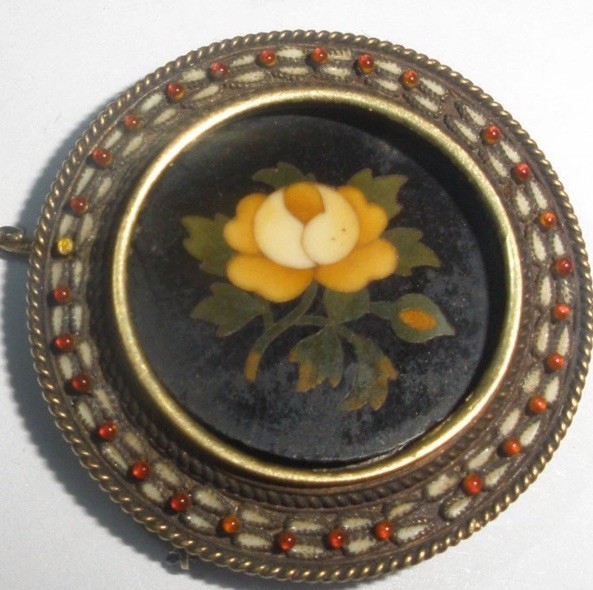 ANTIQUE 1800`s ITALIAN FLOWERS PIETRA DURA IN 10K GOLD ENAMEL PENDANT