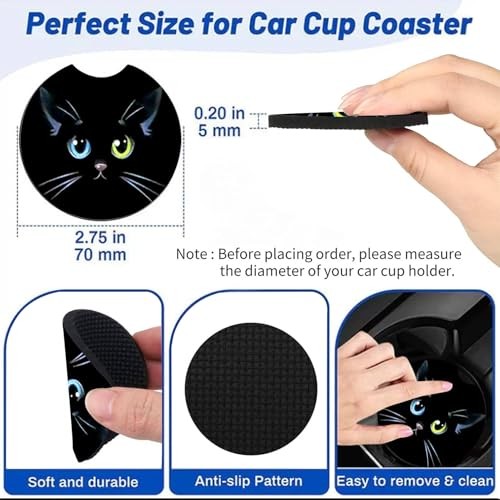 2 Pack Car Cup Holder Coasters 2.75″ Universal Size Anti Slip Rubber Black Cat