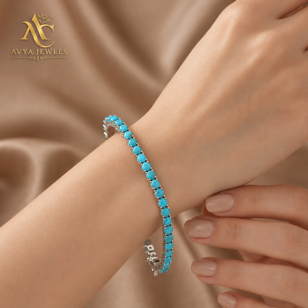 5 MM Round Lab Creted Turquoise Tennis Bracelet 925 Silver 14k White Gold Plated