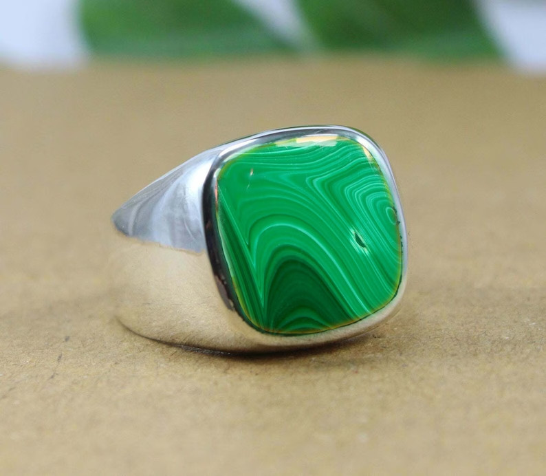 Solid 925 Sterling Silver Natural Flat Green Malachite Gemstone Gift Men’s Ring