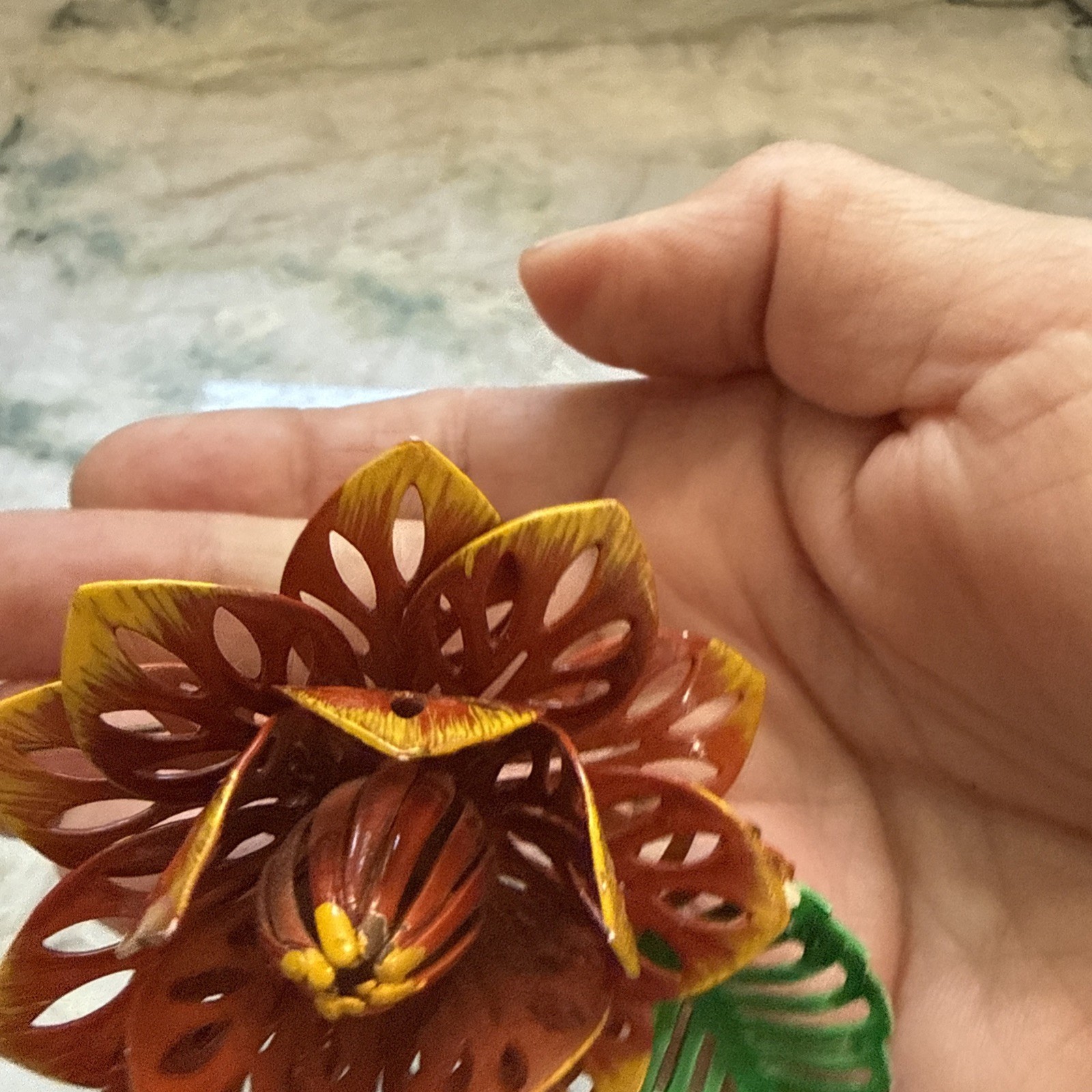 Vintage Orange Yellow Sunface Green Leaf Lotus Flower Brooch 1960’s Rare Metal
