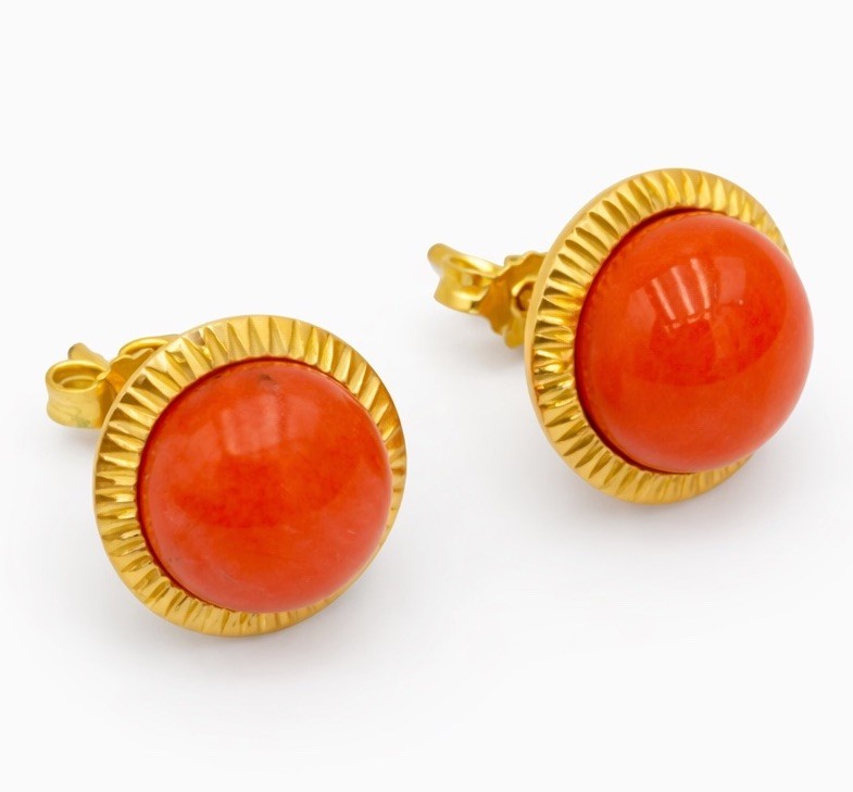 Mediterranean Red Coral Earrings 10mm 18KT Yellow Gold Stud Coral Earrings