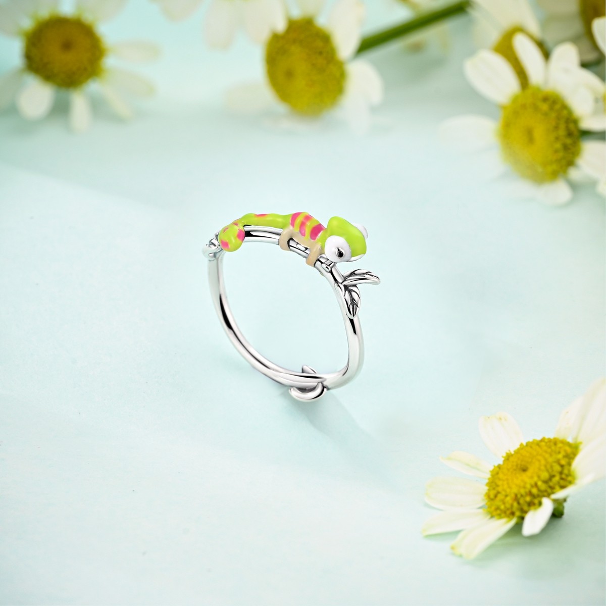 LAZA Original 925 Sterling Silver Finger Ring Enamel Chameleon for Women Jewelry