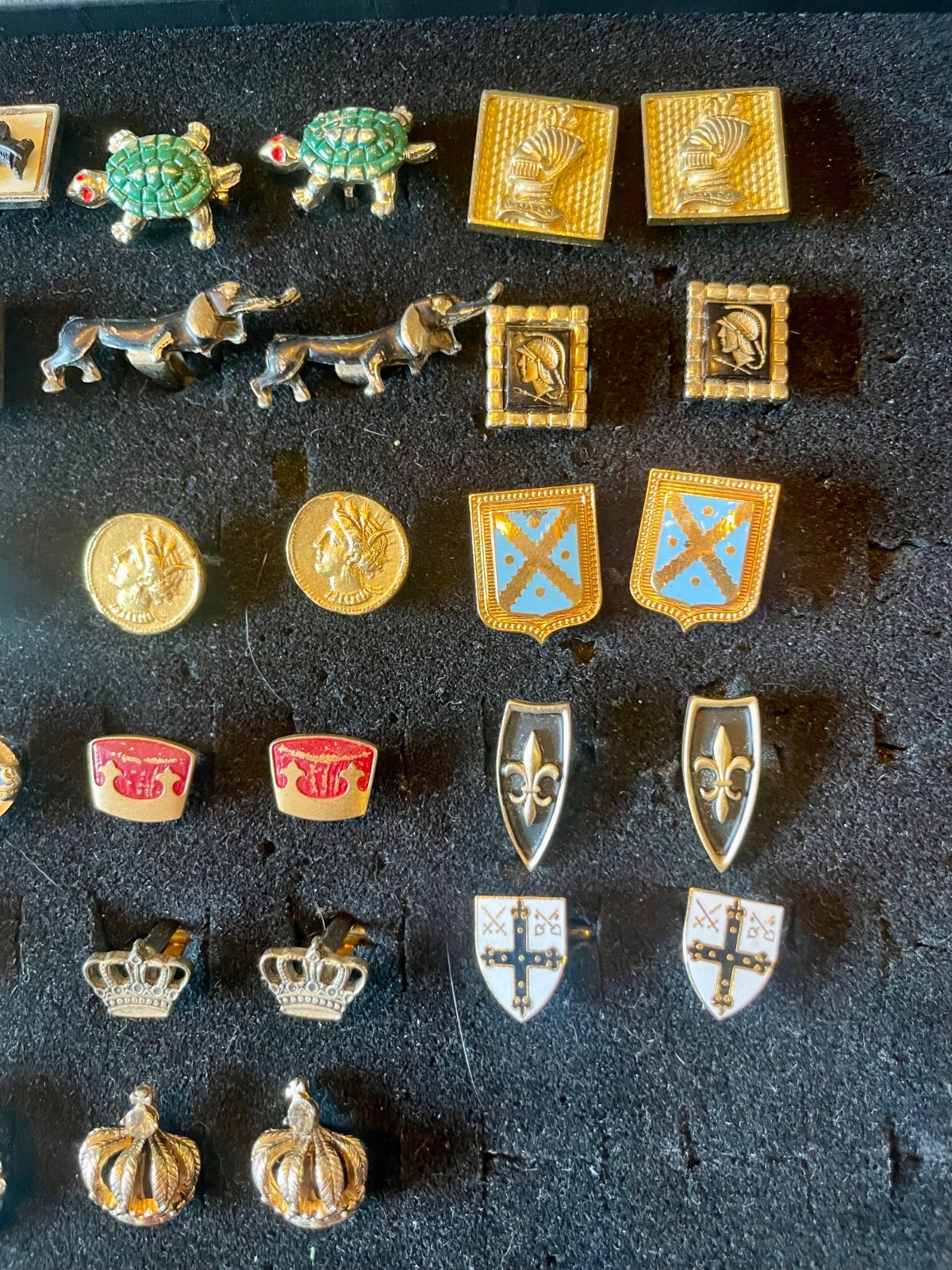Lot 28 Cufflink Pairs Travel Transport Animals Crown Crest Guns Mid Century Mod