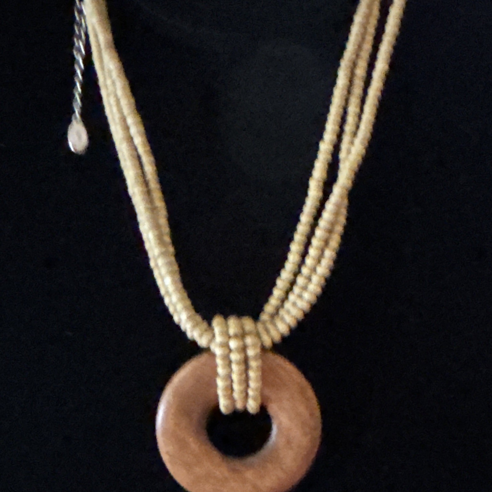 Multi-Strand Beige Brown Beaded Necklace Wood Round Ring Pendant Adjustable