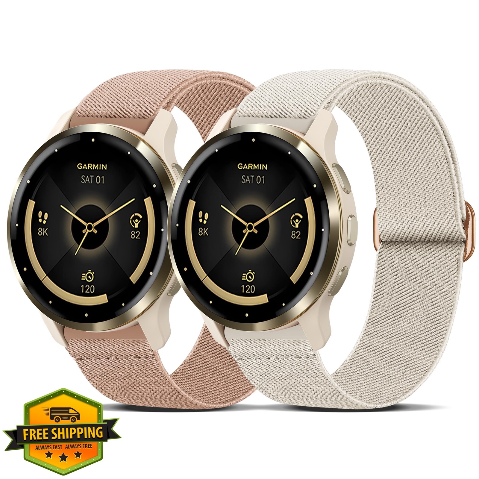 HQzon 18mm Nylon Band for Garmin Venu 3S/Vivoactive 4S, Starlight/Flesh Pink