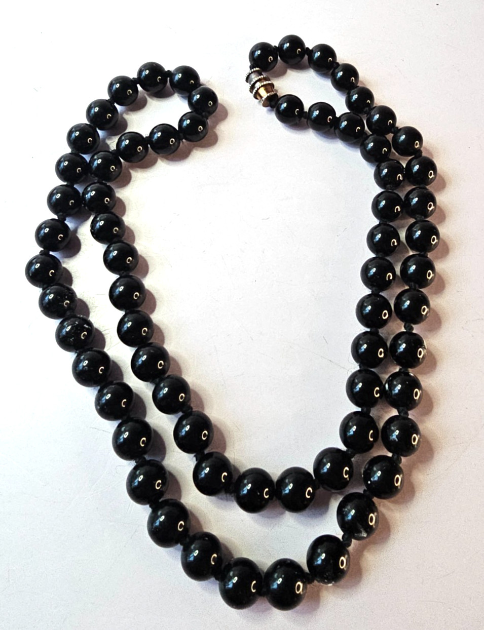 Vintage Black Glass Beaded Necklace 29″ Knotted 9.7mm