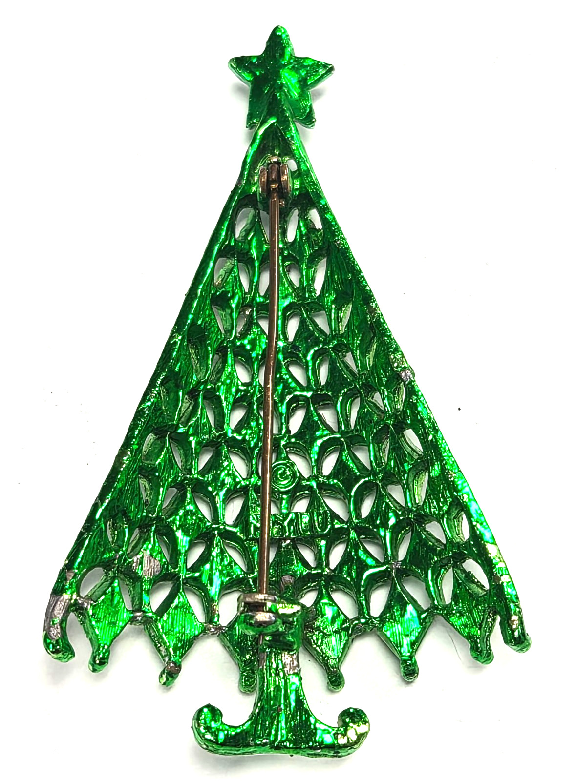 Vintage 70’s Signed MYLU Green Enamel & Rhinestone Christmas Tree Pin / Brooch