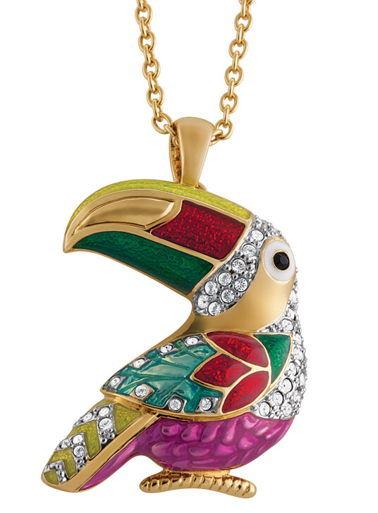 Gold Plated Toucan Brooch / Pendant Set With Enamel & Sparkling Czech Crystals