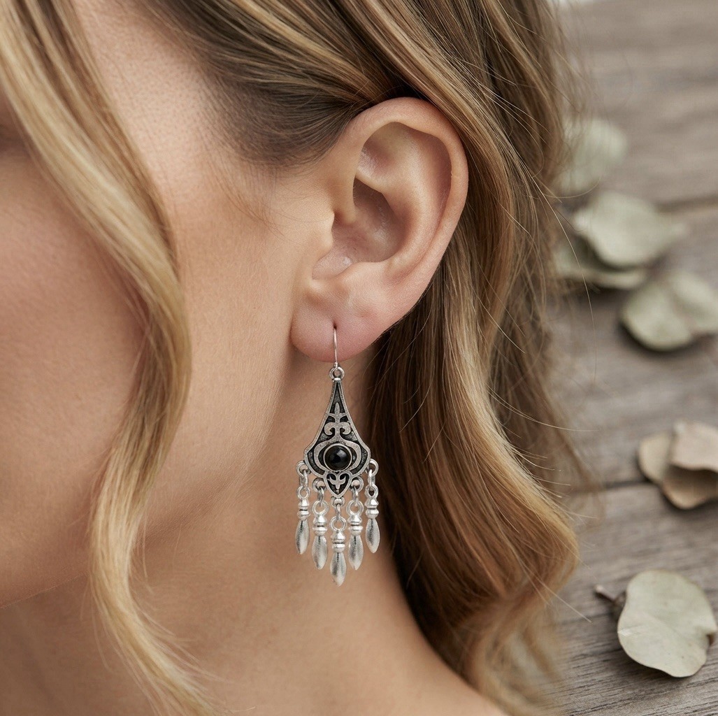 Silver Tone Teardrop Filigree Dangle Drop Hook Earrings Black Round Accent