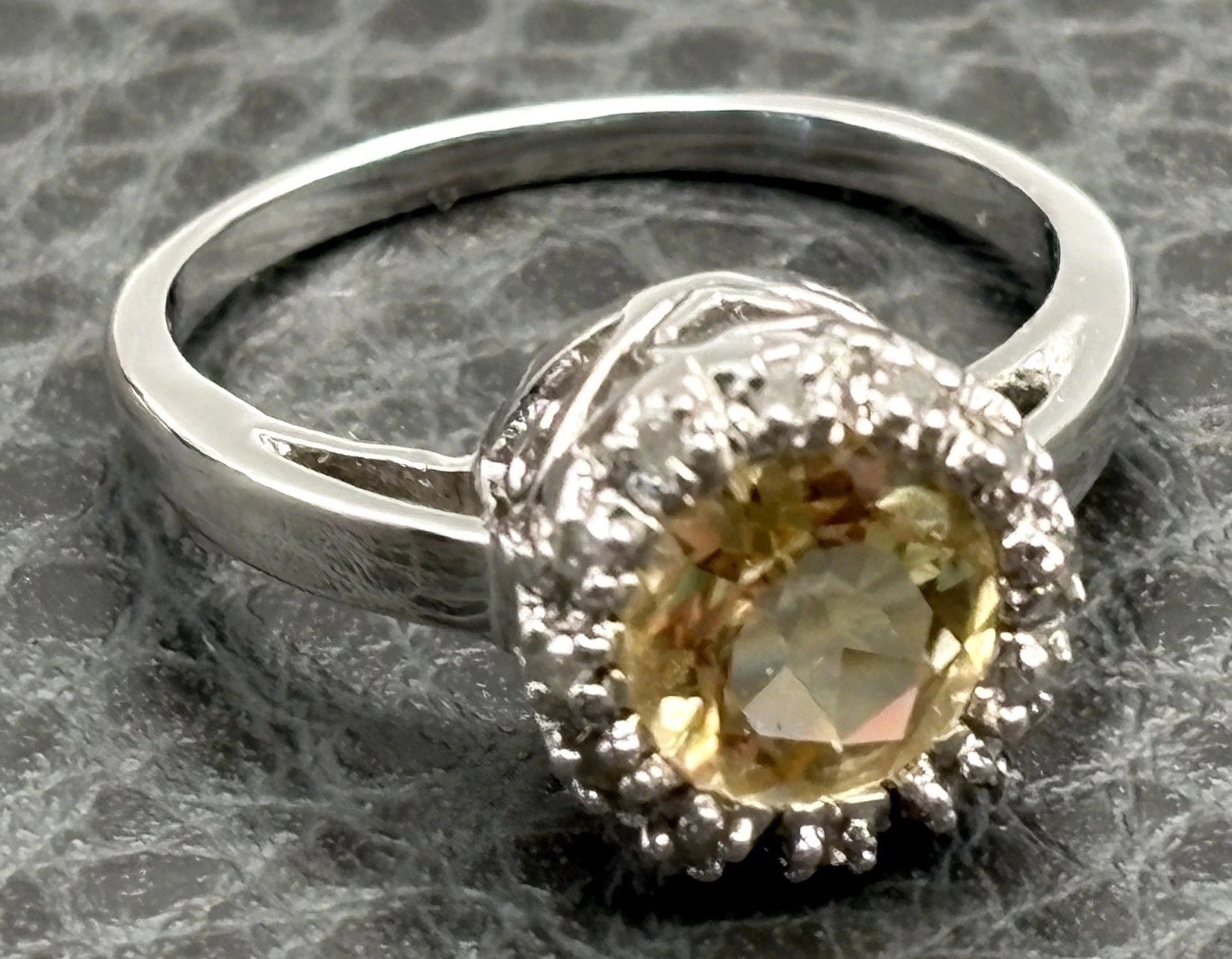 Silver Tone Faux Citrine CZ Halo Ring Heart Filigree Setting Size 7