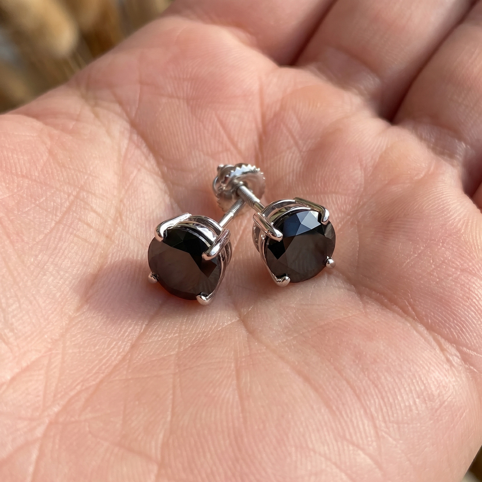 2 1/2ct Black Diamond Screw Back Studs Womens Earrings 14K White Gold