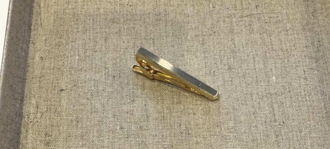 Signed YSL Yves Saint Laurent Tie Bar Clip Clasp Gold Silver Tone Logo Vintage