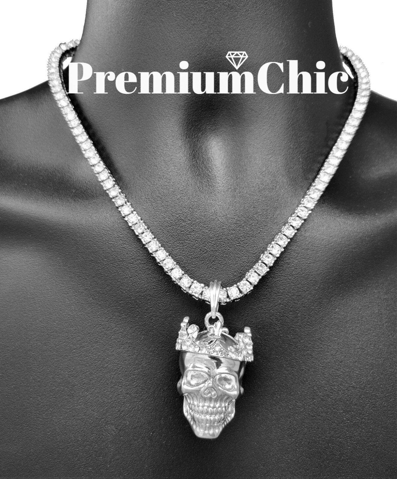 Skull King Pendant Necklace Rope or Tennis Chain Plated CZ Halloween Jewelry