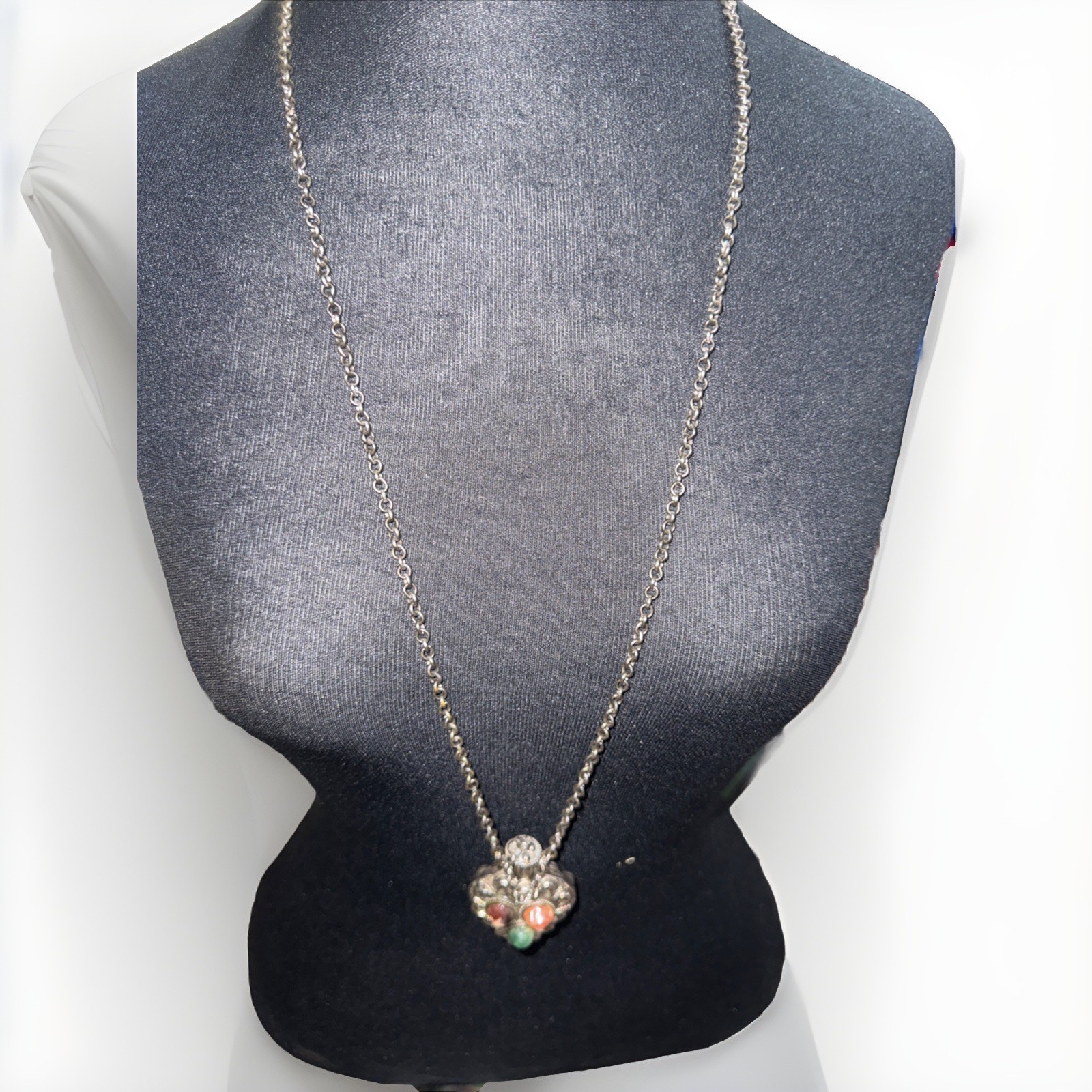 32”Intricate Heart Shape Brass & Stone Perfume Bottle Vial Pendant Necklace