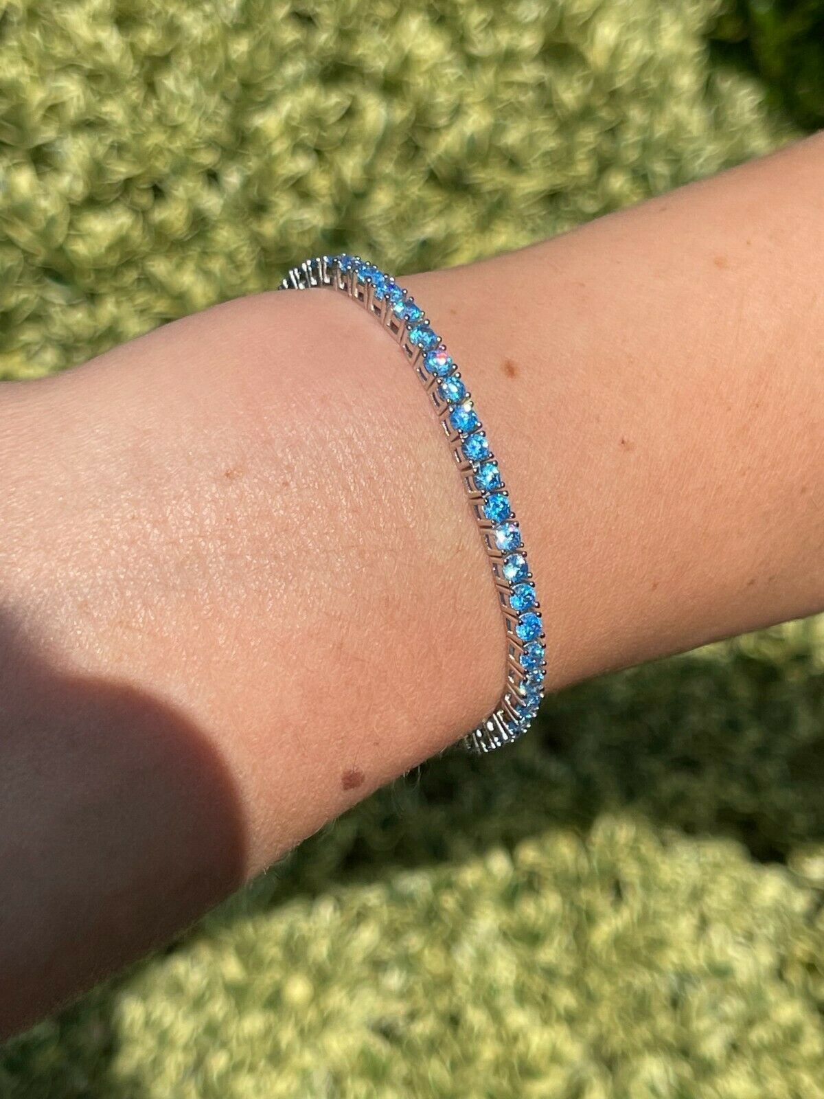 3mm Tennis Bracelet Real 925 Sterling Silver Simulated Aquamarine Blue CZ
