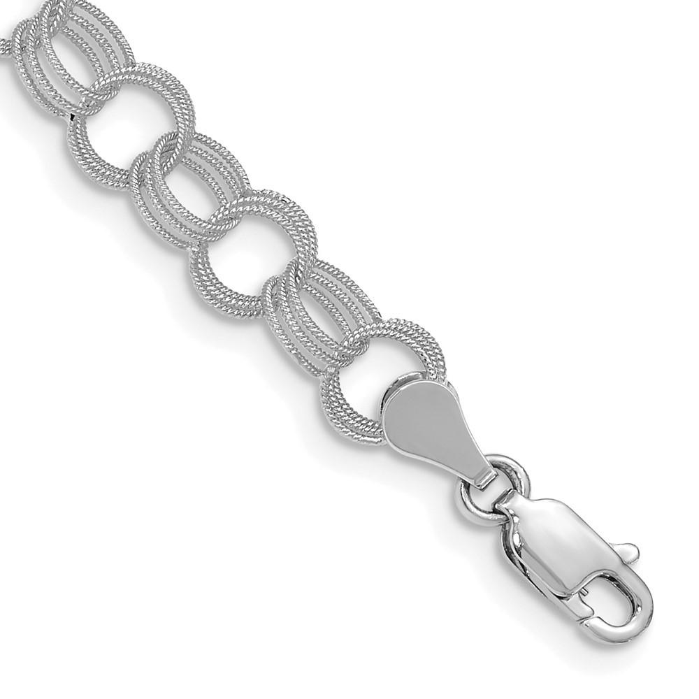 14k White Gold 6mm Solid Textured Triple Link Charm Bracelet 8″