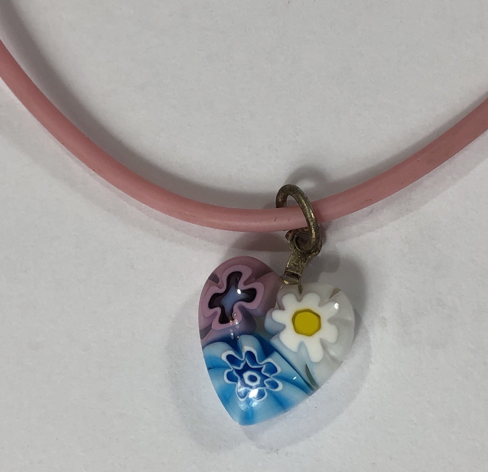 Millefiori Glass Pendant Necklace Heart w Sterling Silver Clasp – 15 inch Length