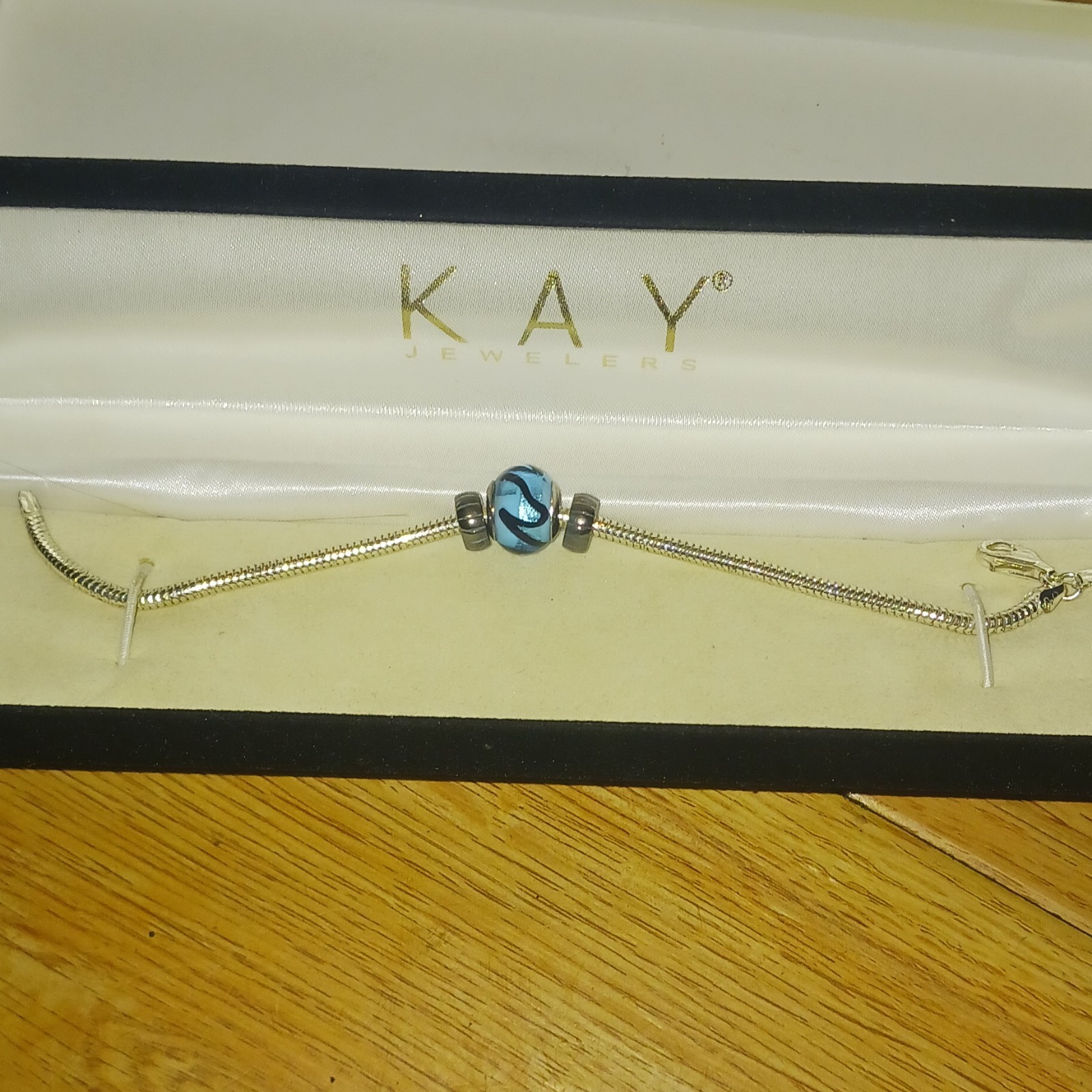 KAY Jewelers Silver-Tone Snake Chain Bracelet Blue Glass Bead Charm Lobster