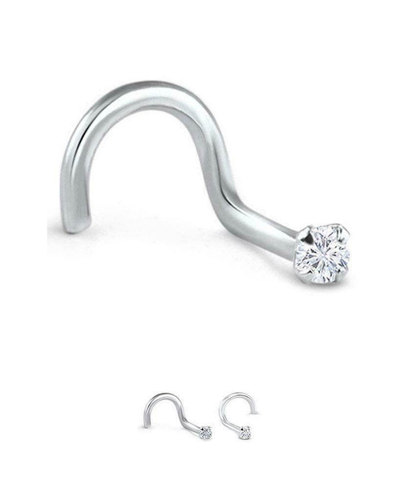 10K White Gold Nose Screw Stud Ring 1.5mm, 2mm or 2.5mm Clear CZ 22G