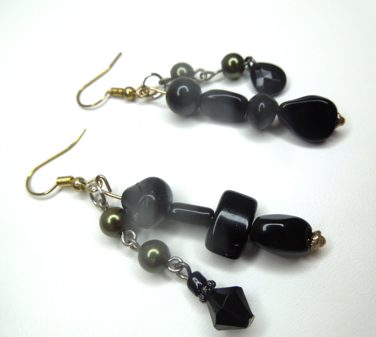 Black and Olive Green Bead Earrings Mixed Metal Handmade Goth Asymmetrical