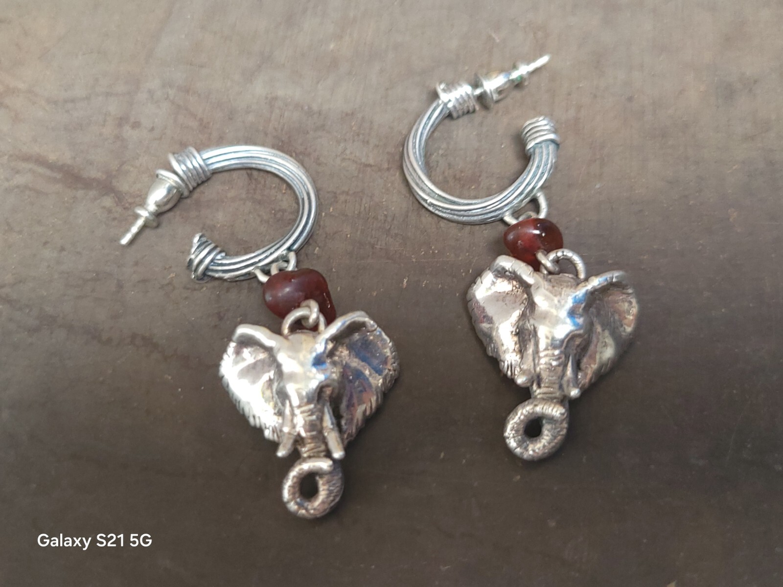 Susan Cummings Elephant Earrings Dangle Sterling Silver & Amber 2″ Long 1990s