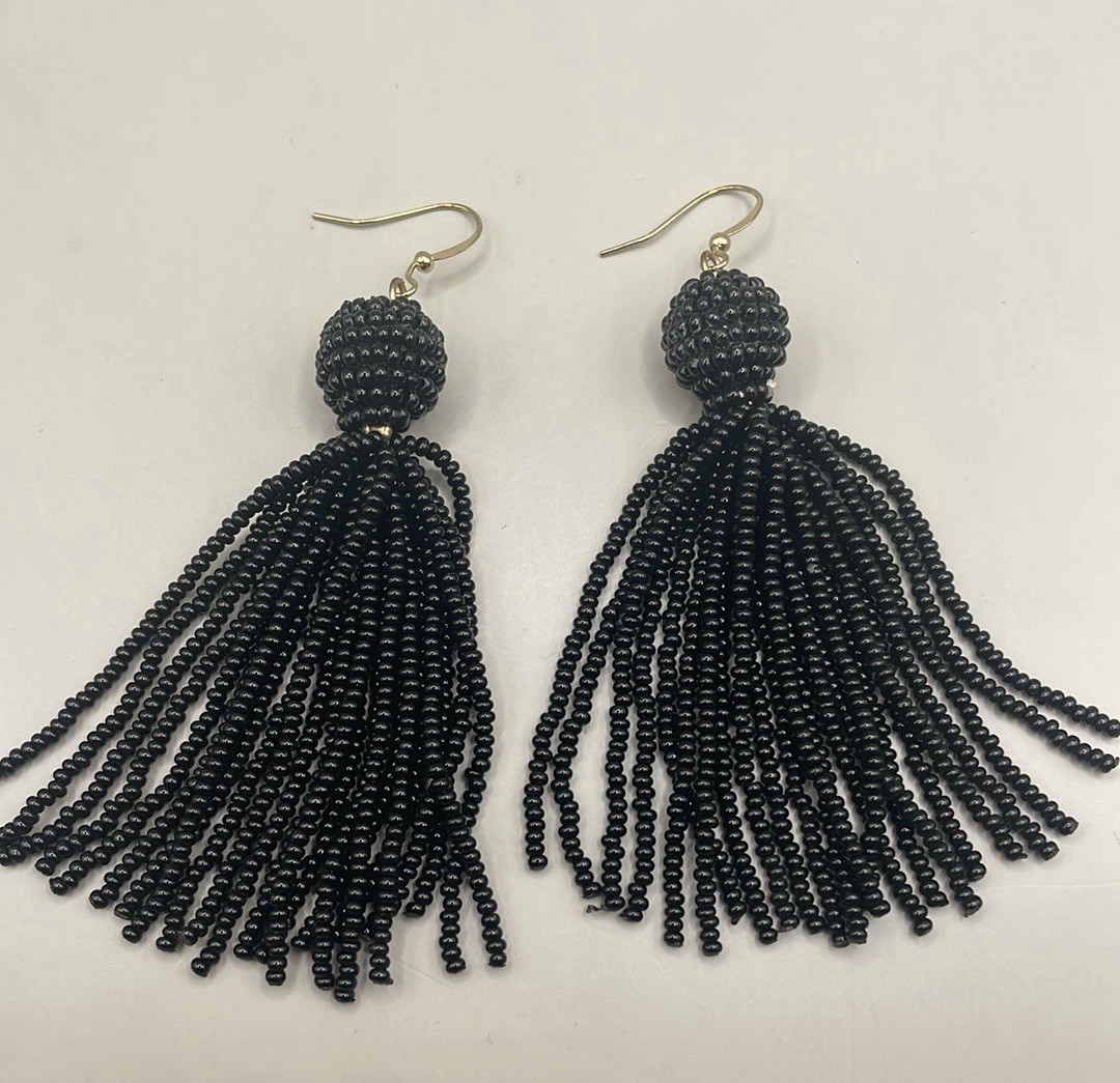 Vintage Black Seed Beaded Tassel Dangle Drop Statement Earrings