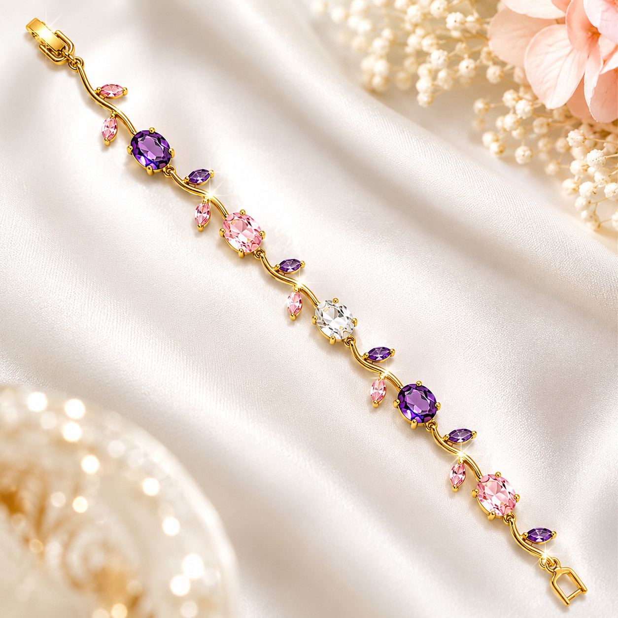 Luxury Gold Tone Pink & Purple Crystal Vine Bracelet | Elegant Floral Jewelry