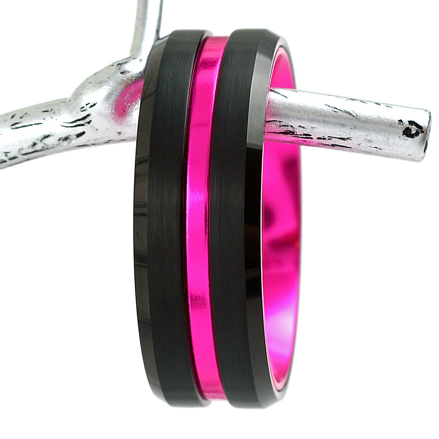 Engraved 6/8mm Black Tungsten Thin Pink Line Wedding Band Ring Breast Cancer TW