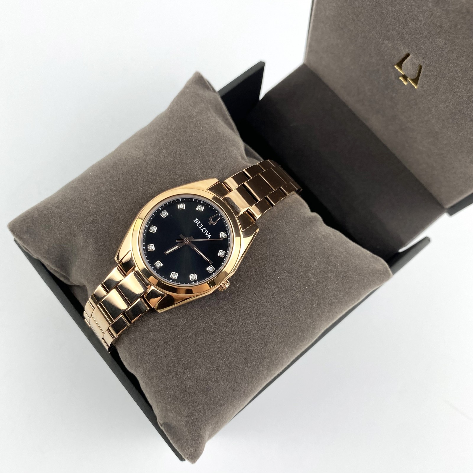 Bulova Surveyor 97P156 Womens Quartz Watch Grey Dial Rose Gold Diamond Stainless