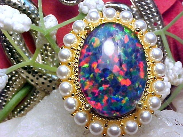 Gilson Opal Triplet 18x13mm & Pearl 2.1mm Ring 925 SS/14k Yellow Gold Finish